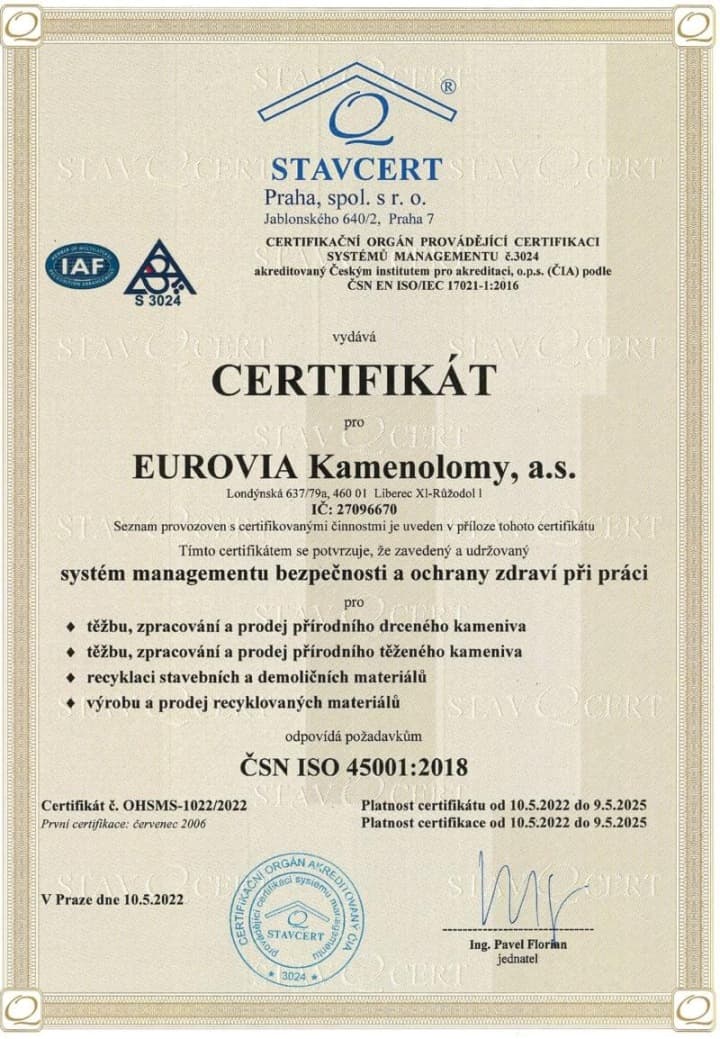 Certifik T Ohsms Dle Sn Iso Eurovia Kamenolomy